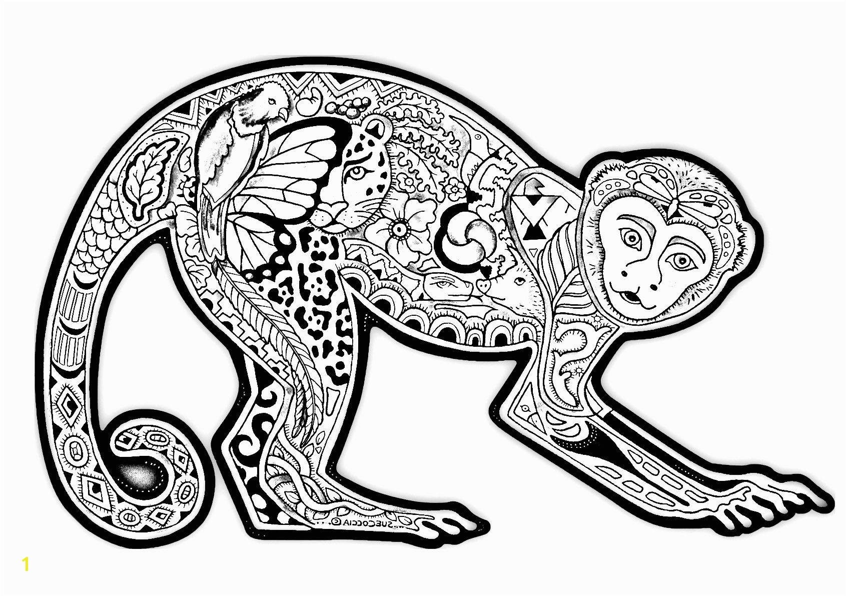 Free coloring page coloring difficult monkey A coloring page with a monkey full of various plant patterns