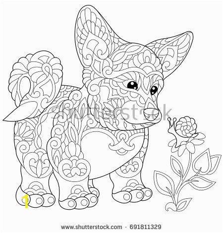 Coloring page of cardigan welsh corgi puppy dog symbol of 2018 Chinese New Year Freehand sketch drawing for adult antistress colouring book with …