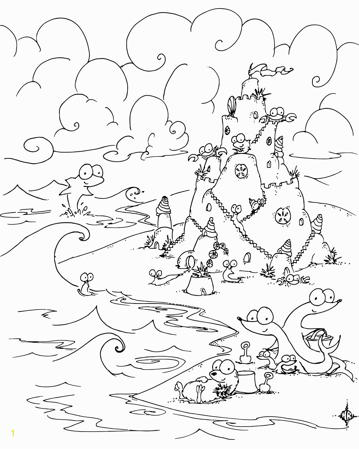 Coloring Page Sea Creatures Building A Sand Castle the Beach