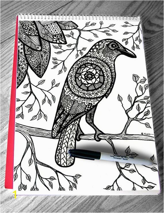 Beautiful crow coloring page for adult Raven bird branches leaves mandala zentangle art by Color my Doodles