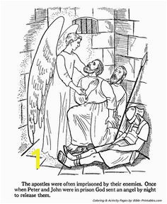 An angel releases Peter and John from prison by putting the guards to sleep Bible coloring page