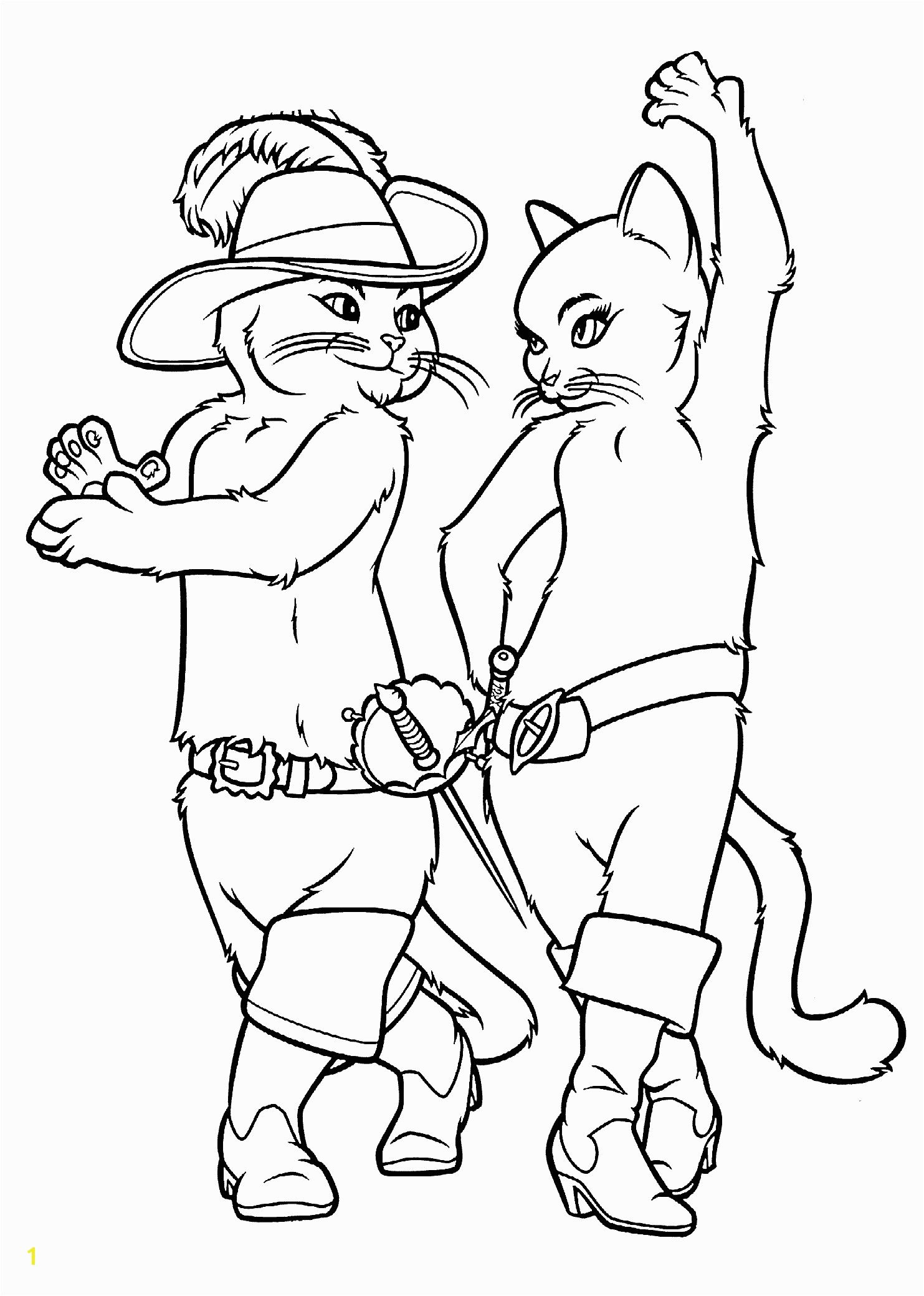 Puss in boots and Kitty coloring pages for kids printable free