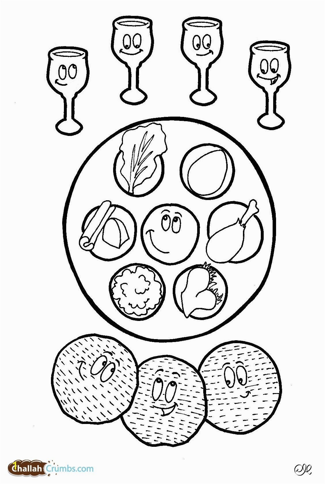 This coloring page has it all four cups of wine three pieces of matzah and a happy seder plate