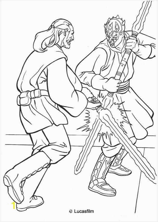 Jedi Knight Qui Gon Jinn fighting a duel with Darth Maul coloring page Star Wars