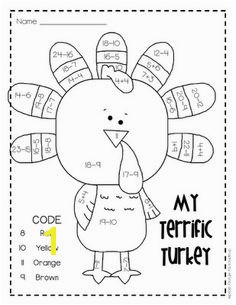 Turkey Addition Subtraction Coloring Sheet fun Thanksgiving math printable for my classroom