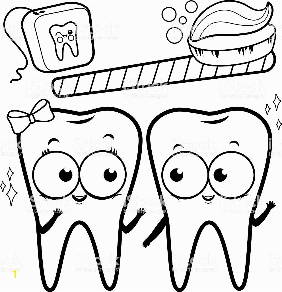 Coloring page cartoon teeth with toothbrush and dental floss royalty free coloring page cartoon teeth
