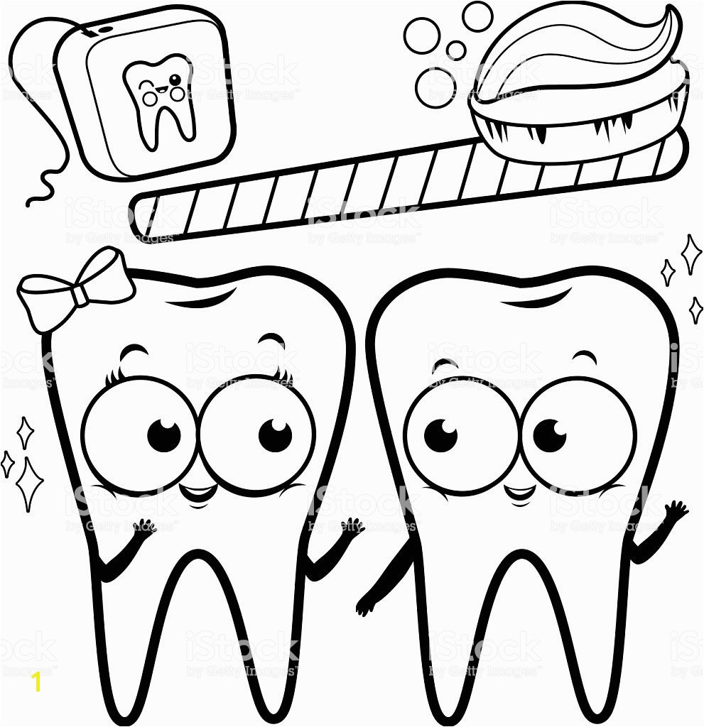 Coloring page cartoon teeth with toothbrush and dental floss royalty free coloring page cartoon teeth