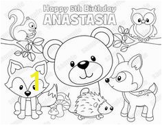 Personalized Printable Woodland Forest animals deer fox Birthday Party Favor childrens kids coloring page activity PDF or JPEG file