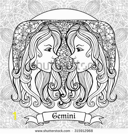 Coloring Page with pattern and zodiac sign Gemini in zentangle style