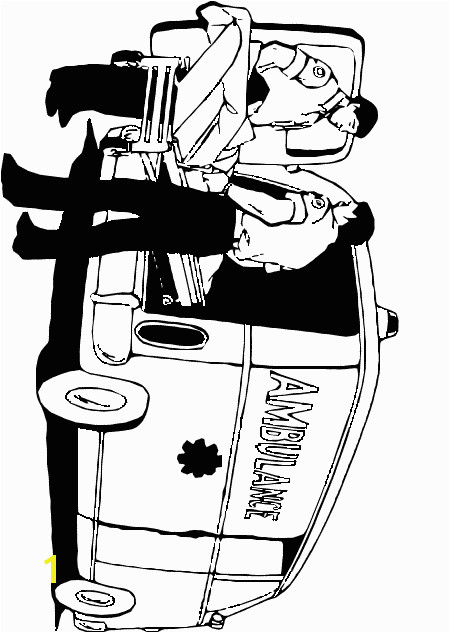 This coloring page features two hospital staff helping a patient into an ambulance