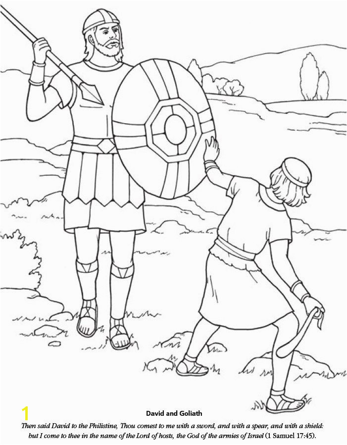 A black and white illustration of David with a sling and stone in his hand swinging it toward Goliath who is carrying a spear and shield