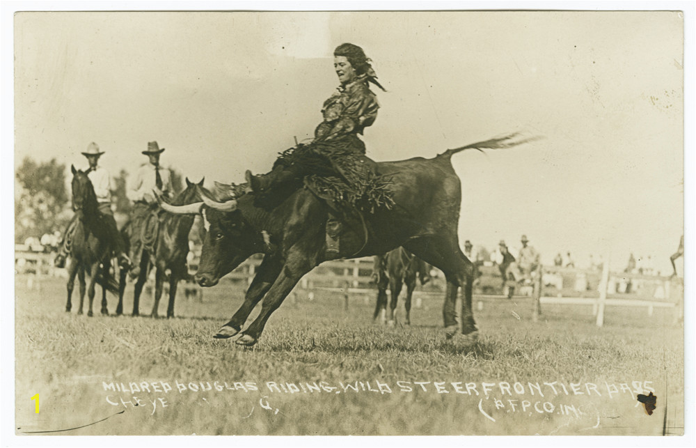 Mildred Douglas riding a bucking bull circa 1917