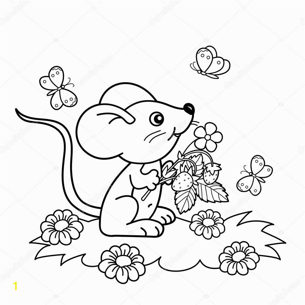 Coloring Page Outline cartoon little mouse with strawberries in the meadow with butterflies Coloring book for kids — Wektor od Oleon17