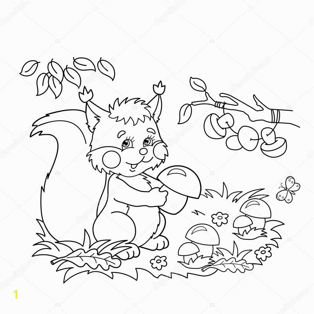 Coloring Page Outline cartoon squirrel with mushrooms in the meadow with butterflies Coloring book for kids — Wektor od Oleon17