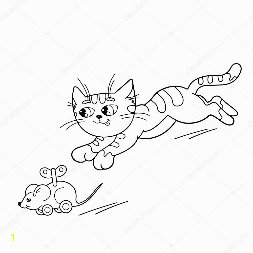 Coloring Page Outline cartoon cat playing with toy clockwork mouse Coloring book for kids — Wektor od Oleon17