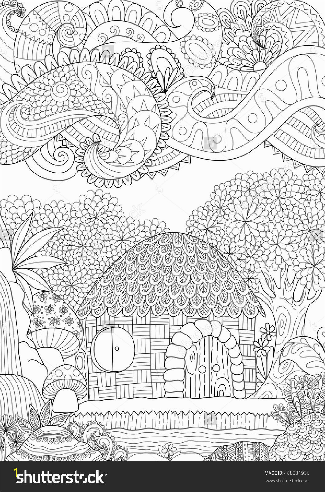 Zendoodle design of small hut in the forest with abstract clouds for adult coloring