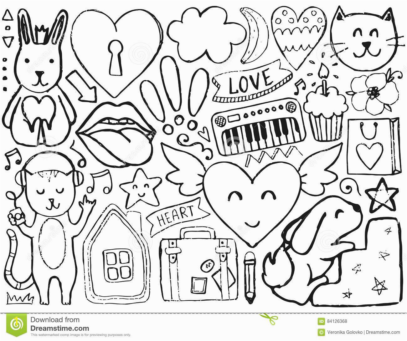 Vector coloring page Illustration with hearts and flowers animals and lips cloud and stars Design for prints and cards