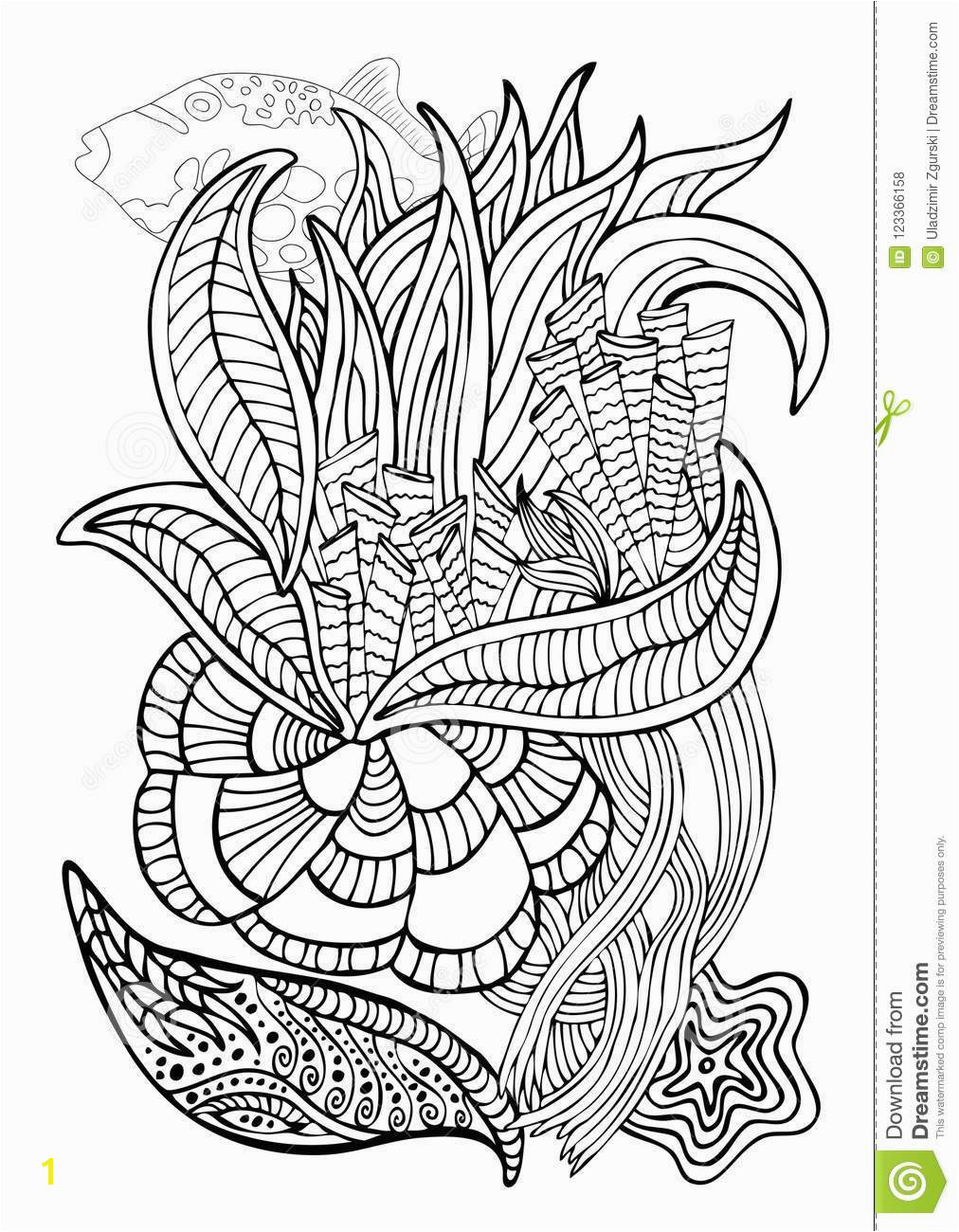 Hand drawn page in zendoodle style for adult coloring book Abstract marine and floral motifs with coral fishes seashells and seaweeds