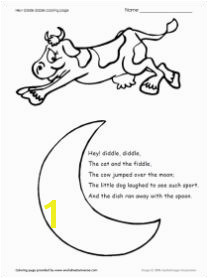 of coloring page showing a cow jumping over the moon Includes the nursery rhyme