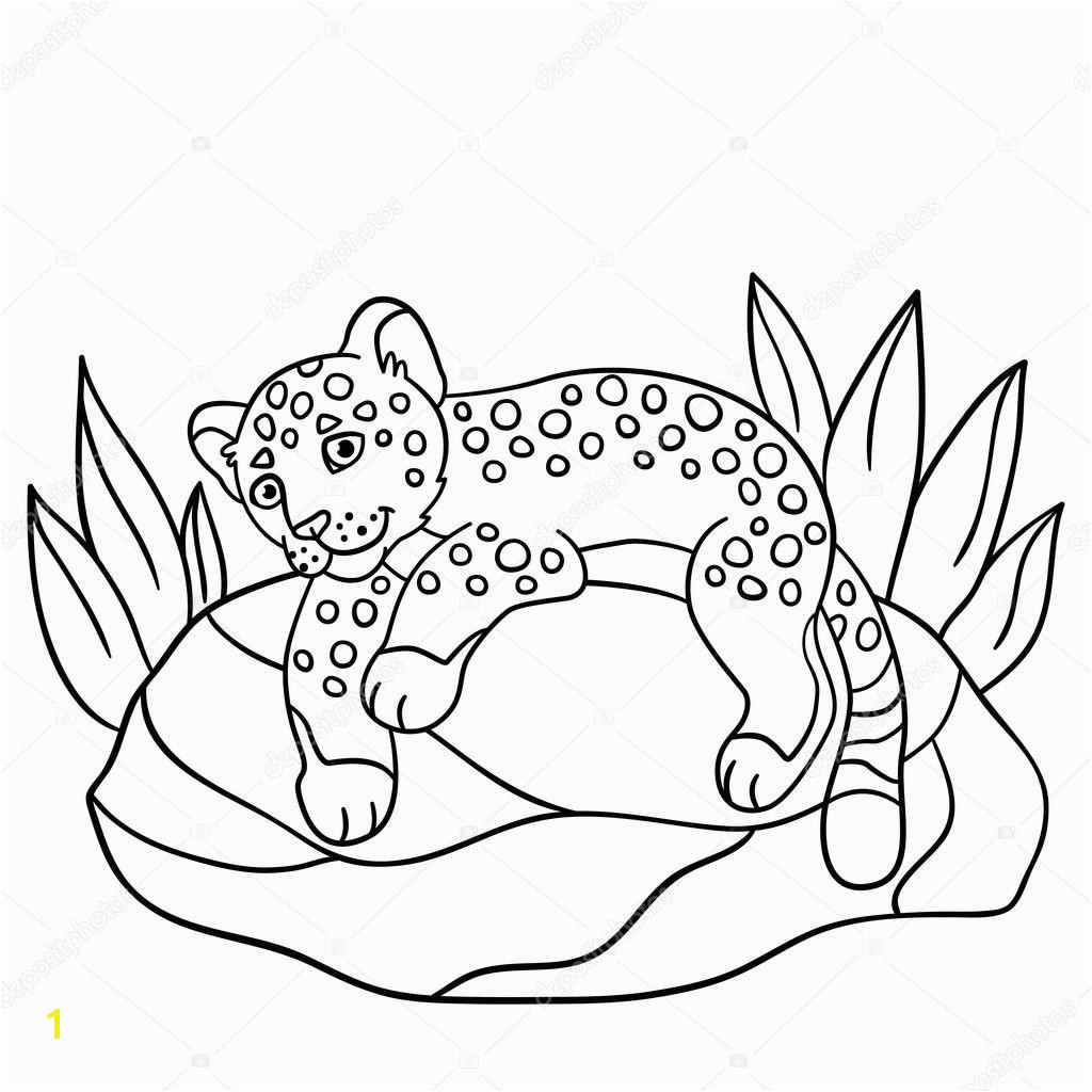 Coloring pages Little cute baby jaguar lays on the stone and smiles — Vector by ya mayka