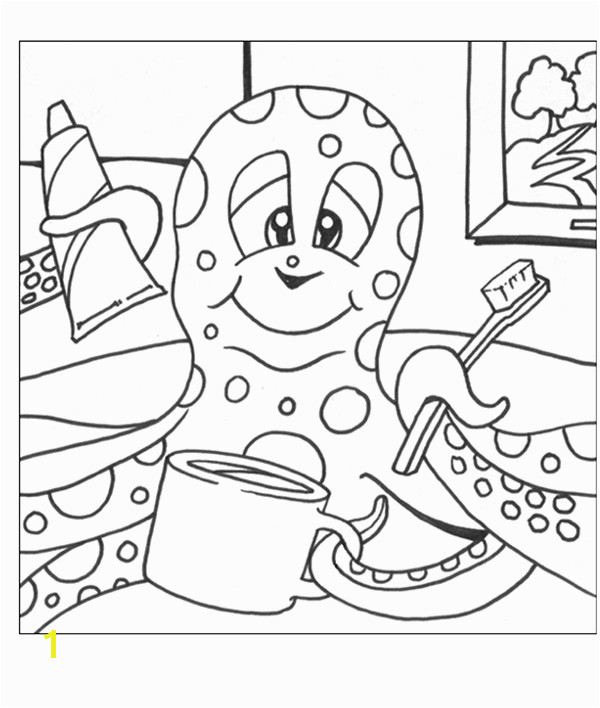 Coloring page with octopus brushing her teeth
