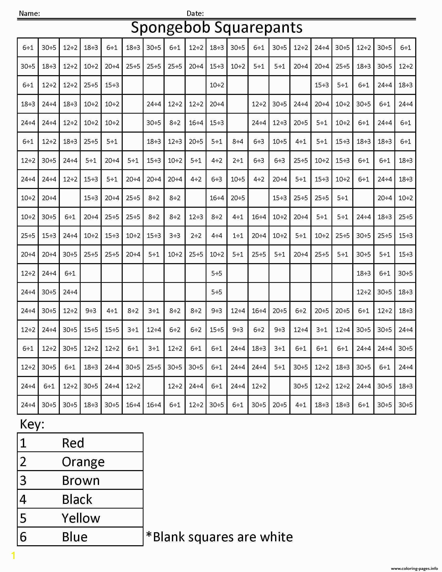 Print Spongebob Squarepants Cartoon Math Worksheet Division pixel art coloring pages