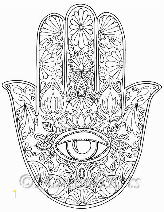 Hand Drawn Adult Coloring Page Print "Hamsa Eye"