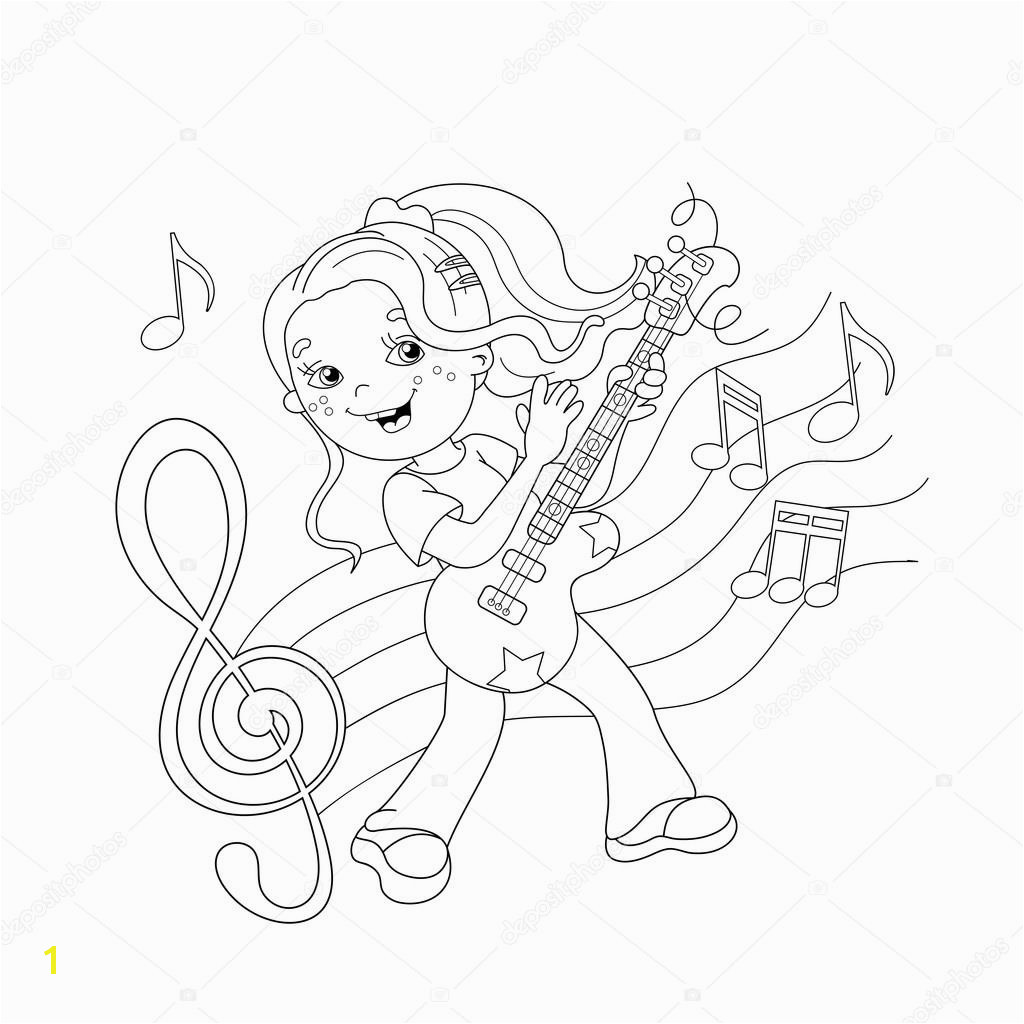 Coloring Page Outline girl playing the guitar with melody and music Coloring book for kids — Wektor od Oleon17