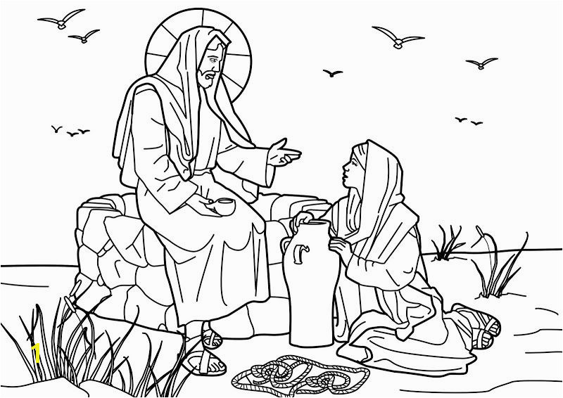 Jesus and the Samaritan woman at the well Bible coloring page