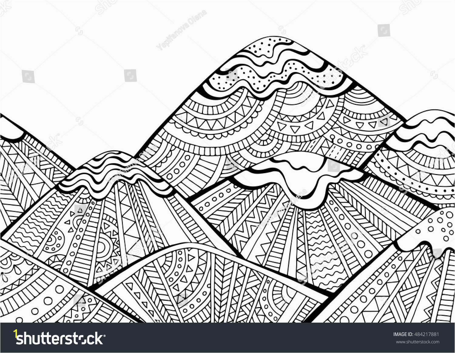 Printable coloring page for adults with mountain landscape Hand drawn vector illustration
