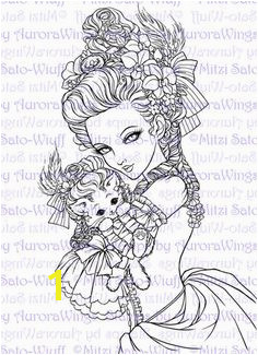 Digital Stamp Marie Nyantoinette Marie Antoinette Holding a Cat in a Wig Fantasy Line Art for Cards & Crafts by Mitzi Sato Wiuff