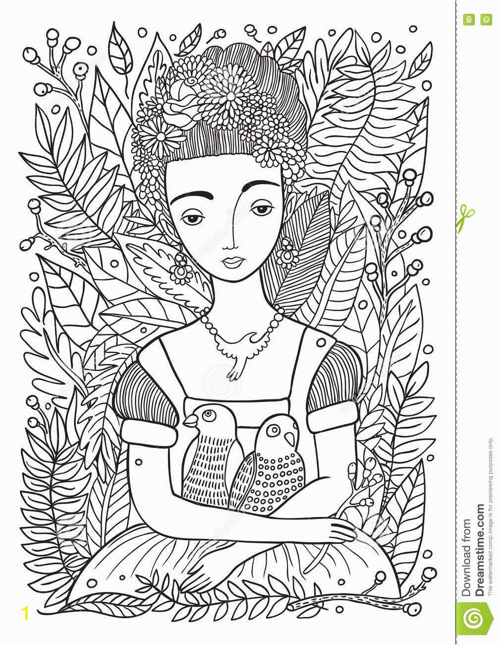 Mexican Coloring Pages for Adults Beautiful Girl with Parrots Coloring Page Stock Vector