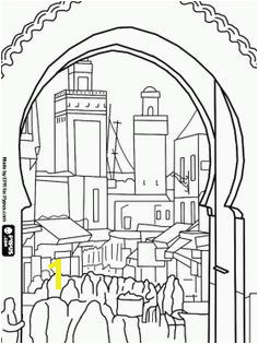 the oldest and walled part of Fes Morocco The medina s hustle and bustle seen from one of its doors coloring and printable page