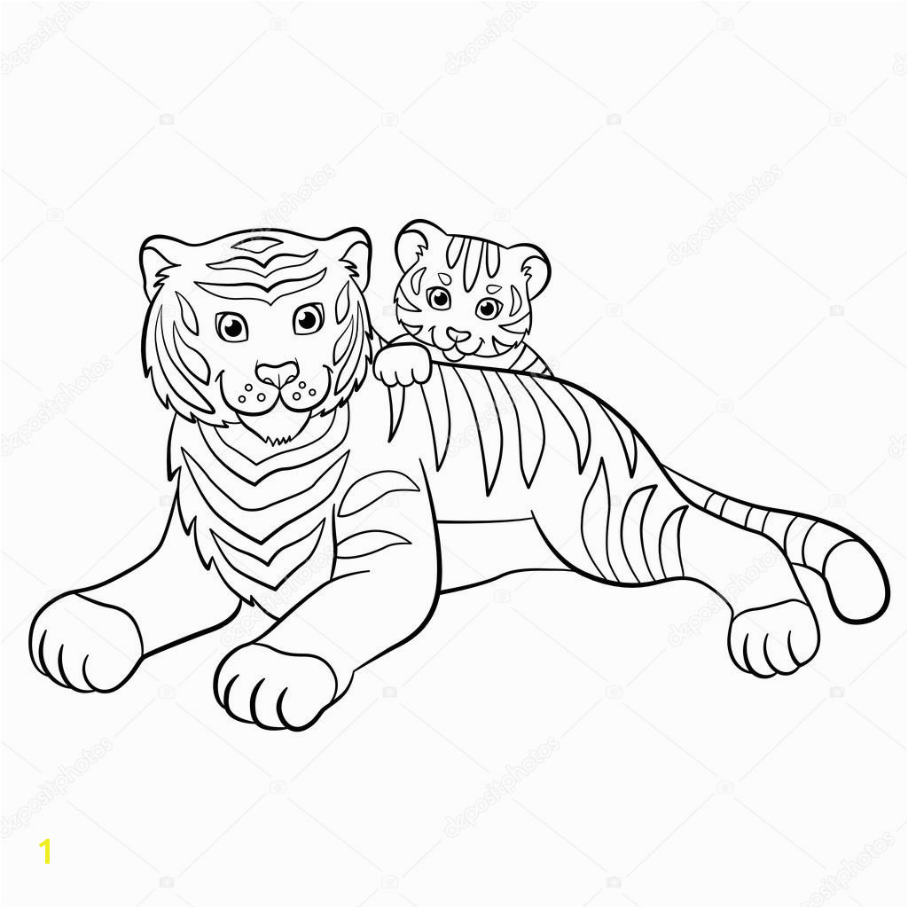 Coloring pages Wild animals Smiling mother tiger with her little cute baby tiger — Wektor od ya mayka