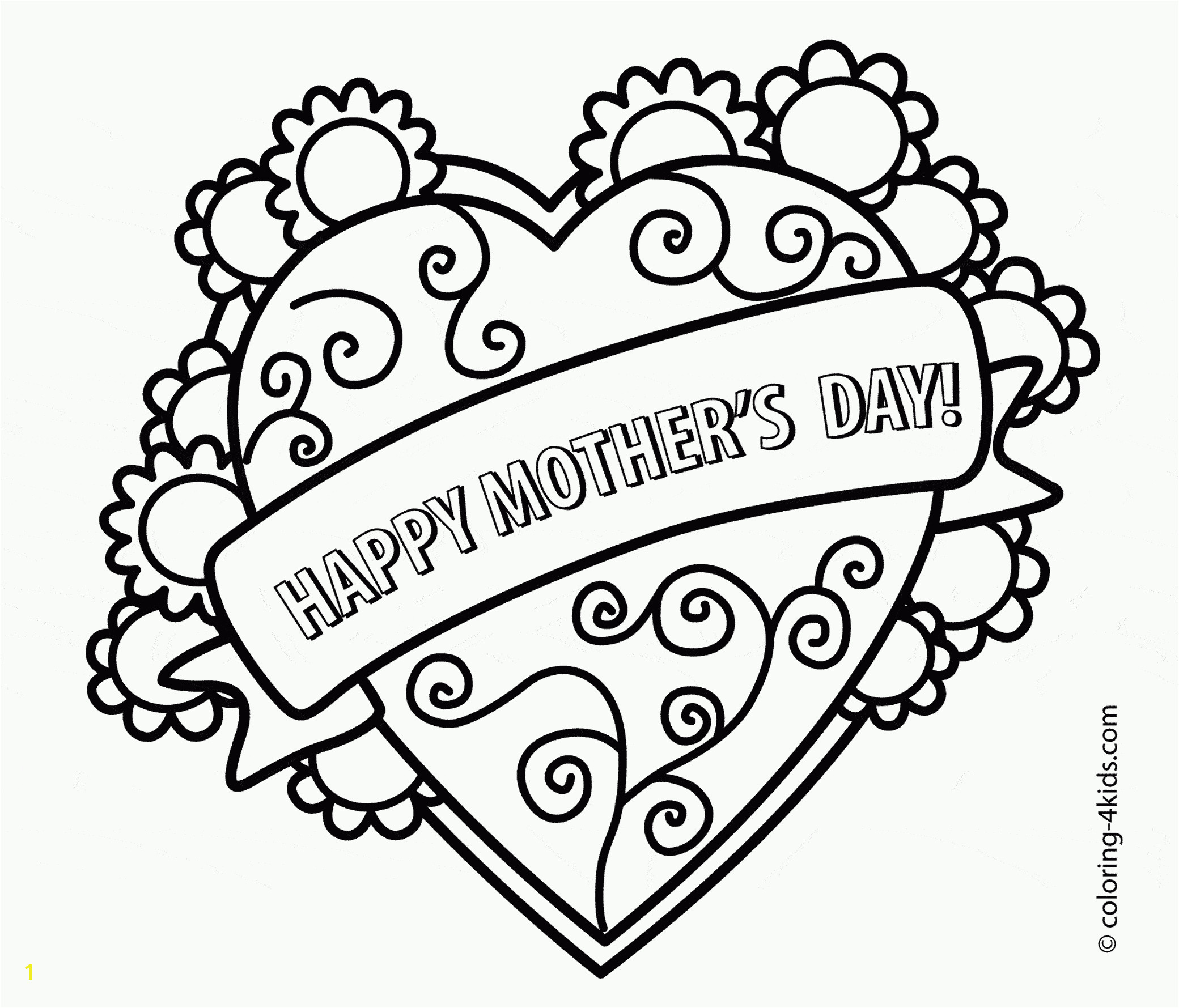 Printable Mother s Day Coloring Pages at Wuppsy A floral heart with a banner that says "Happy Mother s