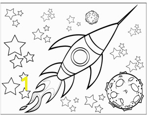 A rocketship flies by a planet and through the stars in this printable outer space coloring page