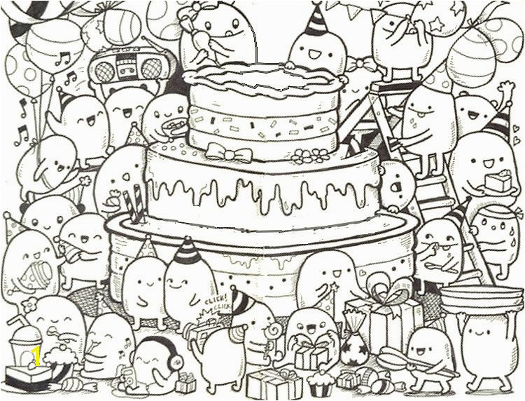Adult coloring page Happy Birthday Doodle cake 9