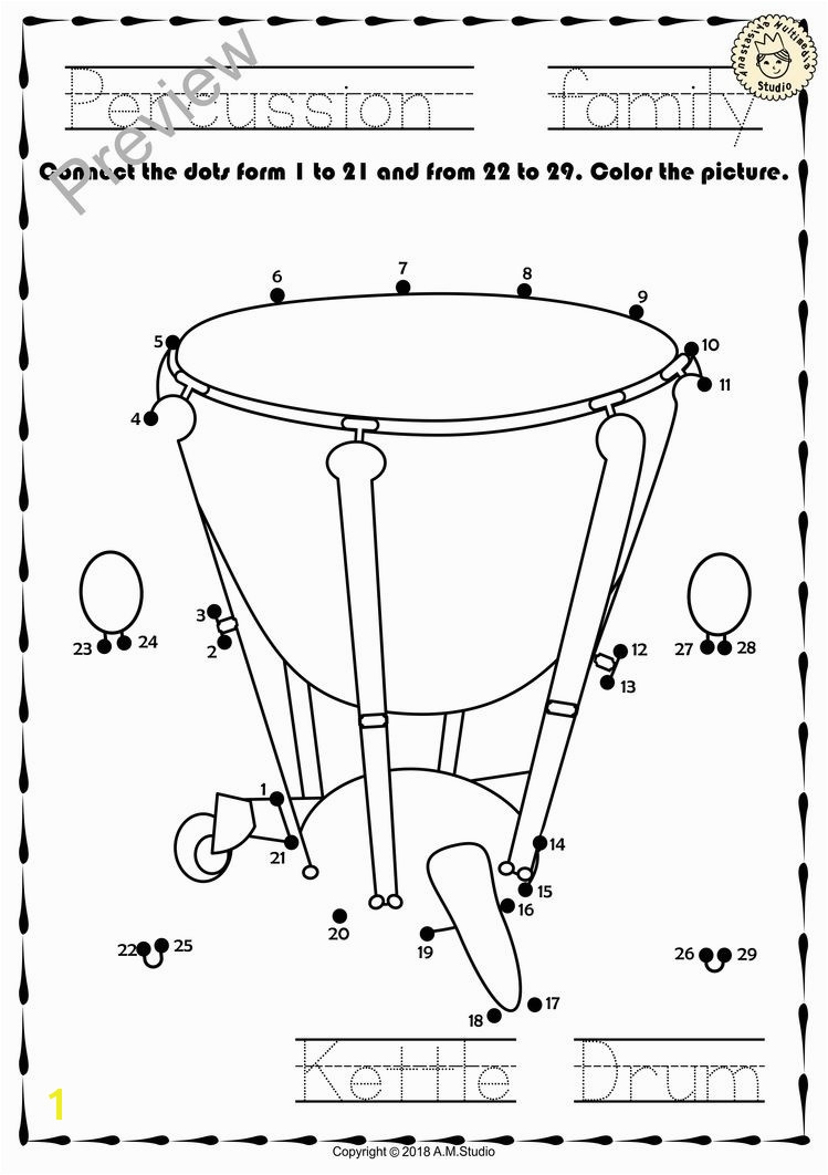 This file in PDF form contains 13 Percussion Instruments dot to dots worksheets