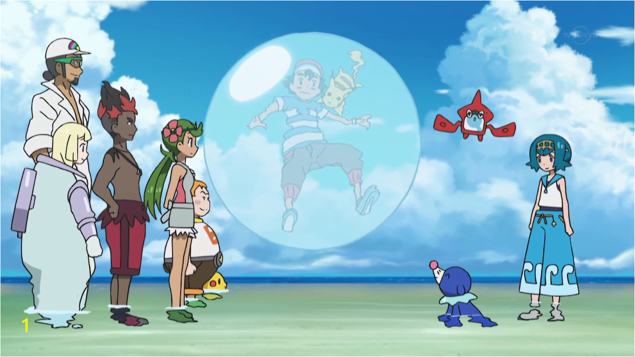 Popplio emits a giant bubble wrapping Ash and Pikachu with it