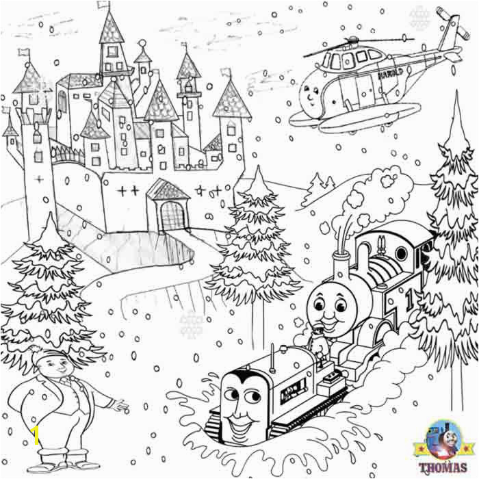 Printable activity sheets Thomas and Harold on a snow covered winter castle colouring pages for kids