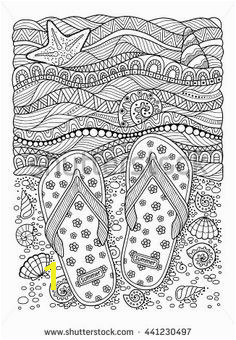 Coloring book for adult Sea beach Slippers sand and shell Hand drawn flip flop sandal
