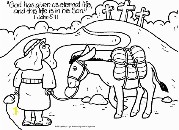 to enlarge and print Childrens Christian Printable Coloring Page a kids coloring page to print a picture of a boy his burro and the three crosses