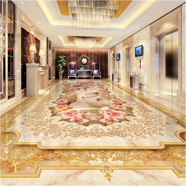 Custom 3D Floor Murals Imitation Marble Flower Pattern Luxury Living Room Hall Floor Tiles Sticker Mural Self Adhesive Wallpaper