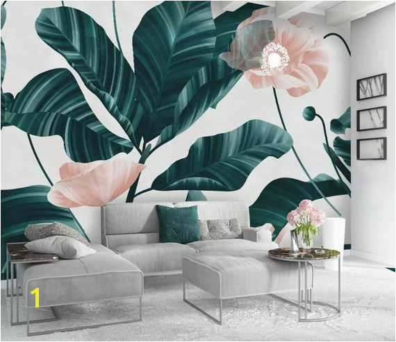 Powder Pink Flower and Leaves Textile Wallpaper Hunter Green Forest Wall Murals for Living Room Bedr