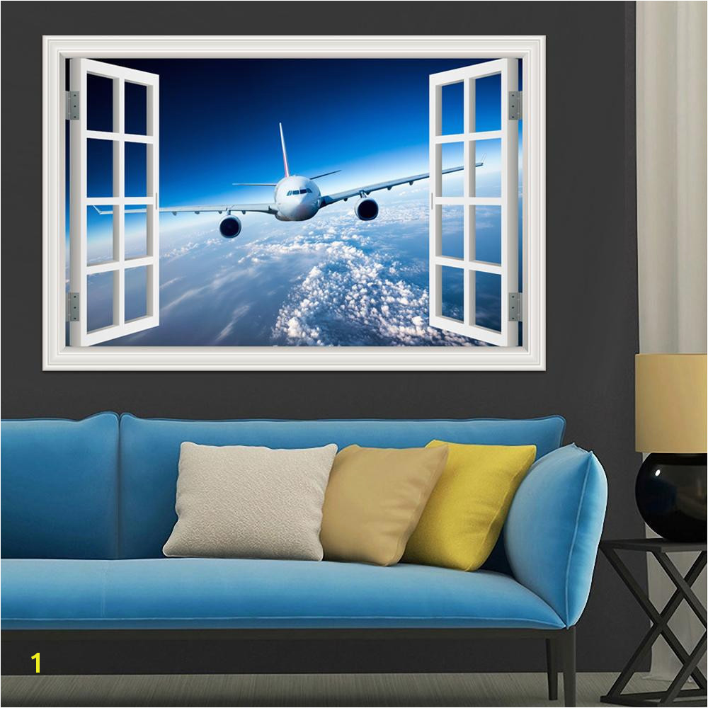 Großhandel 3d Landschaft Tapete Flugzeug Wandaufkleber Aufkleber Vinyl Wandkunst Mural Großes Fenster Ansicht Blauen Himmel Wohnkultur Wohnzimmer Von