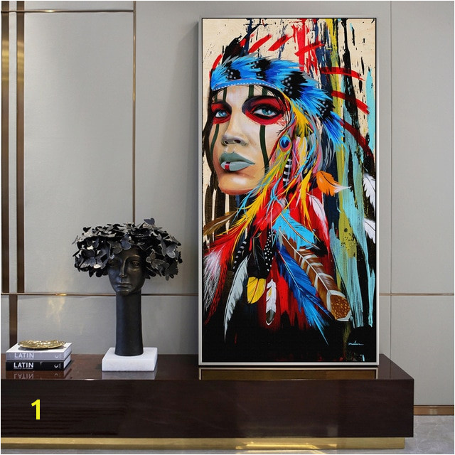 Native American Indian Girl Canvas Art Wall Paintings Watercolor Indian Woman With Feather Posters And Prints For Living Room