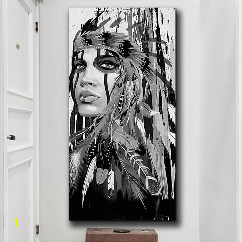 White and Black Native American Indian Girl Feathered Canvas Painting Posters And Prints Nordic Wall Picture for Home Decoration in Painting & Calligraphy