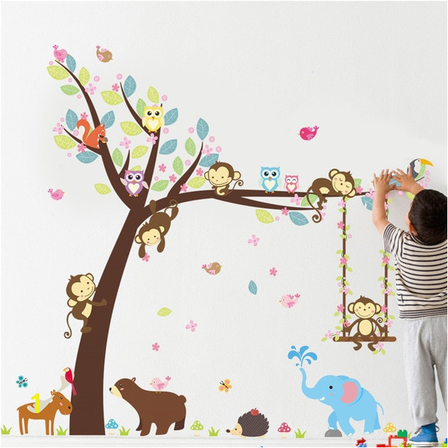 Forest Animals Tree wall stickers for kids room Monkey Bear Jungle wild Children Wall Decal Nursery