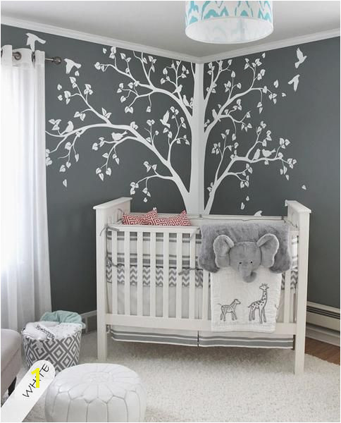 Baby Boy Nursery Wall Murals Baby Bedroom Home Art Decor Cute Huge Tree with Falling Leaves and