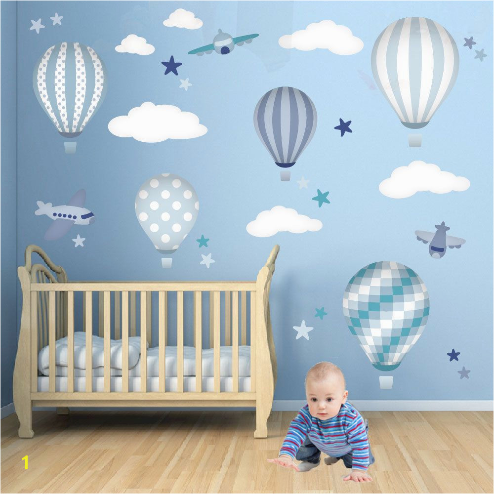 Hot Air Balloon Wall Decals featuring planes white clouds and stars Baby boys wall stickers Blue nursery decor Trending now 2016 74 95 GBP by